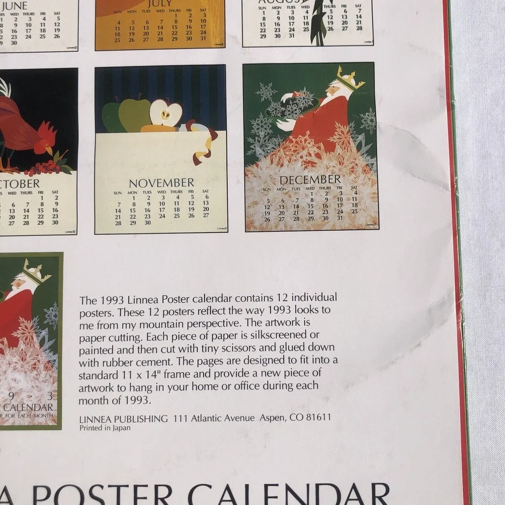 LINNEA POSTER CALENDAR for year 1993 - Complete Can Be Reused 2027 2038 2049
